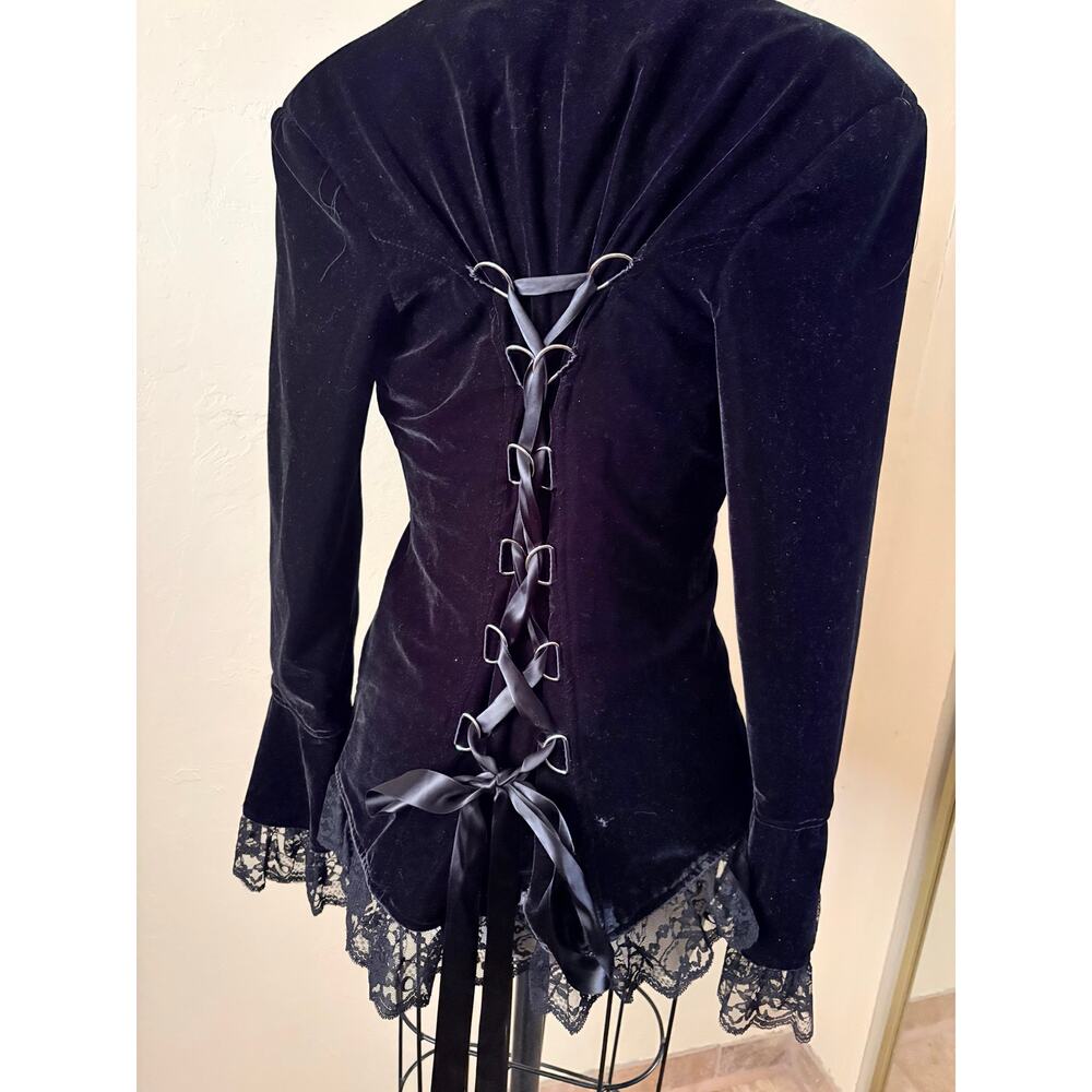 Chic Star Black Velvet Lace Trim Corset Back Whimsy Gothic Blazer Jacket M - Picture 7 of 10